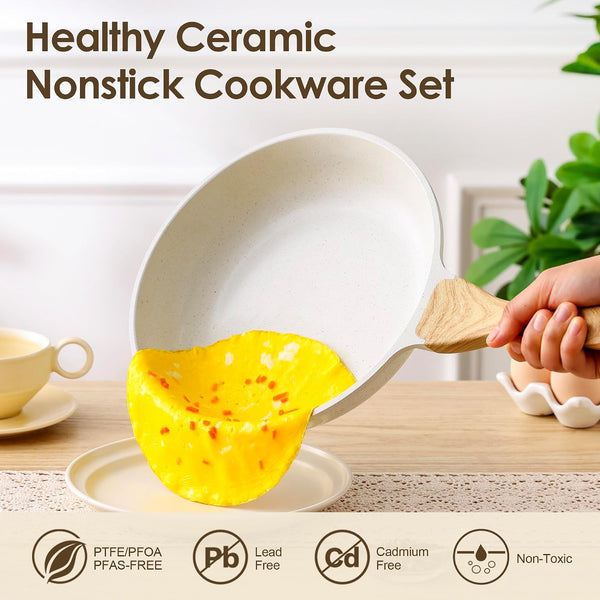 23 PCS Nonstick Ceramic Cookware Set, PFAS/PFOA Free, Induction | Non Toxic Pots and Pans, Healthy Kitchen & Home Cooking Set with Stay-Cool Handles, Silicone Tools and Pot Protectors, White3