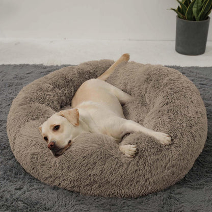 HACHIKITTY Calming Donut Cuddler Dog Bed, round Fluffy Pet Bed with Sewn-In Cushion for Large Dogs,Washable, Large, Taupe, 30''1
