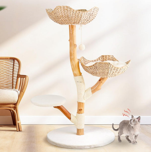 LEO & LEXI Aesthetic, Real Wood Modern Cat Tree. 46 Inches Tall, Sturdy, Solid Natural Wood Tower for Large Cats. Scratching Post with Wicker Basket Bed, Luxury, Boho Furniture for Indoor Cats1