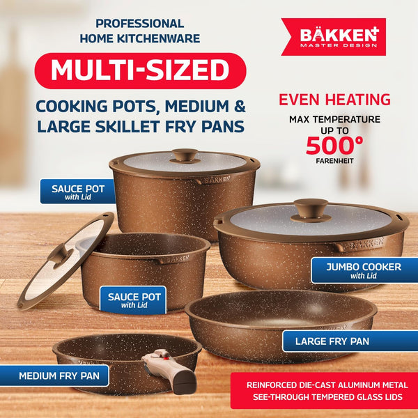 Bakken Master 38 Piece Granite Cookware and Bakeware Set – Nonstick Granite Coating, Pots and Pans with Detachable Handles and Tempered Glass Lids, 6-Piece Bakeware Set, 12-Piece Mixing Bowls,Brown3