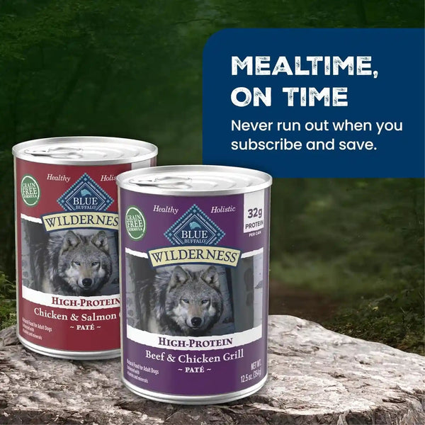 Blue Buffalo Wilderness Adult Wet Dog Food Variety Pack, Beef & Chicken Grill, 32G Protein, and Chicken & Salmon Grill, 35G Protein, Grain-Free & High-Protein, Natural, 12.5-Oz. Each (6 Cans)10