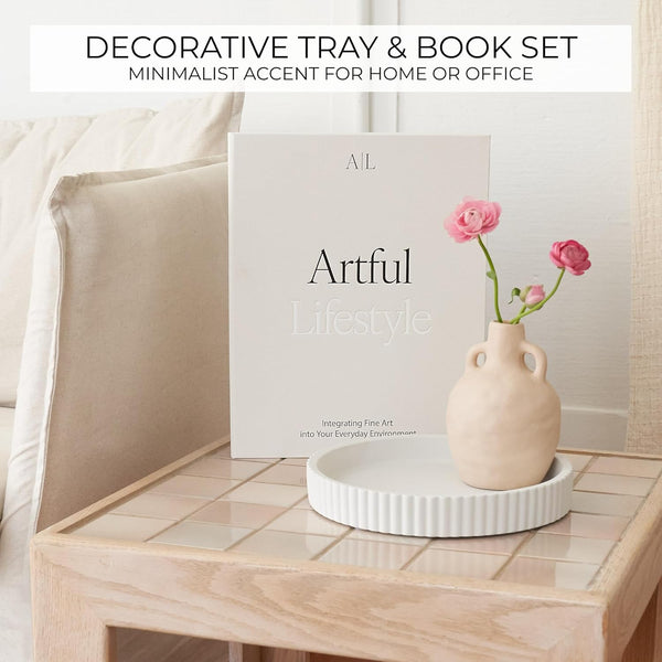 Decorative Concrete Tray & Book Decor Set - Scalloped Tray & Linen Box | Enhances Your Coffee Table or Bookshelf Decor - Stylish Home Decoration for the Living or Dining Room and Housewarming Gift3
