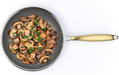 Geoclad Ceramic Hybrid Non-Stick 10" Fry Pan – Stainless Steel Sear Surface, Geometric Pattern, Tri-Ply Clad Body, Pfoa-Free, Coffee Gray/Gold1