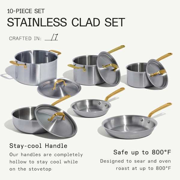 Made in Cookware - 10 Piece Stainless Steel Pot and Pan Set (Antique Brass Handle) - 5 Ply Clad - Includes Stainless Steel Frying Pans, Saucepans, Saucier and Stock Pot W/Lid - Crafted in Italy6
