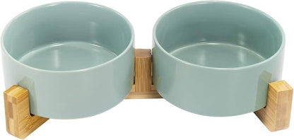 SPUNKYJUNKY Ceramic Dog and Cat Bowl with Wood Stand Non-Slip Matte Glaze Weighted Food Water Set for Cats &Small Dogs 13.5OZ10