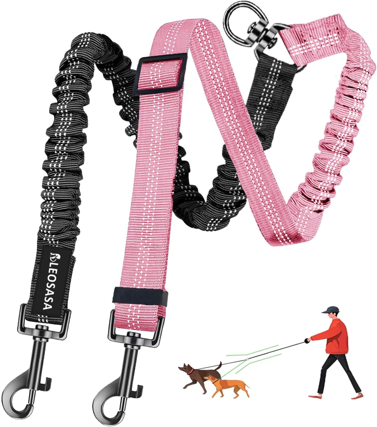 double-dog-leash-360-swivel-tangle-free-splitter-attachment-2-dogs-multi-functional-leashes-dual-rope-for-outdoor-walk-train-small-medium-large-two-pet-pink