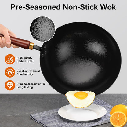 Carbon Steel Wok Pan, 12.6-Inch Nonstick Pre-Seasoned Woks & Stir-Fry Pans with Glass Lid, No Chemical Coated Wok round Bottom Hand Hammered Chinese Wok for Gas Stoves4