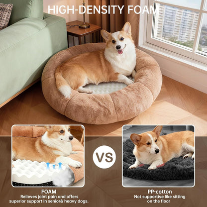 Ohgeni 31 Inches Calming Donut Orthopedic Dog & Cat Bed for Medium Pets, Warming Comfort Fluffy Short Pile Fur, Durable Waterproof Machine Washable Removable Cover, Cute round Bed for Puppy, Camel3
