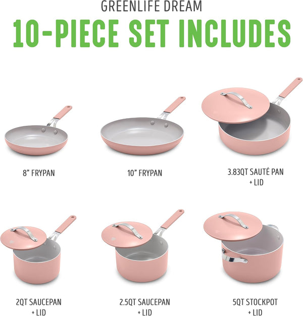10-Piece Nonstick Ceramic Cookware Set, Lightweight Healthy Pfas-Free Pots & Pans with Lids, Dishwasher & Oven Safe, Durable Body, Silicone Stay-Cool Handles, Easy Release, Pink3