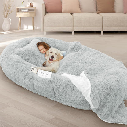 ROOMTEC Human Dog Bed, 71''X45''X12'' Size Fits Adult and Pet Washable Giant People Bed 10 CM Thick Memory Foam Large Oversize Pet Bed with Plump Pillow, Blanket, Strap - Grey1