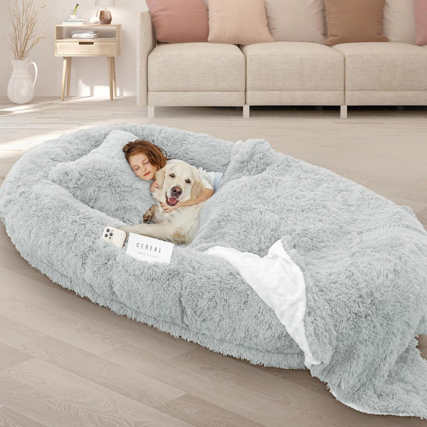 ROOMTEC Human Dog Bed, 71''X45''X12'' Size Fits Adult and Pet Washable Giant People Bed 10 CM Thick Memory Foam Large Oversize Pet Bed with Plump Pillow, Blanket, Strap - Grey1
