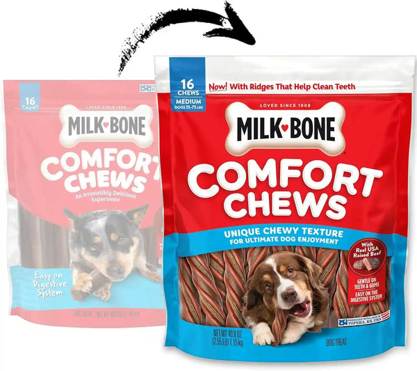 Milk-Bone Comfort Chews, Unique Chewy Texture & Real Beef, 16 Dog Chews | 40.8-Oz. Bag, for Dogs 15-75 Lbs., Rawhide-Free Dog Chews, Made with Real Beef2