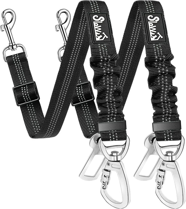 Slowton Dog Seatbelt, 2 Pack Dog Seat Belt Car Leash Adjustable Elastic Bungee Buffer Heavy Duty Nylon Reflective Pet Safety Tether Connect to Dog Harness for Travel Riding in Vehicle (Daul Clip, B)1