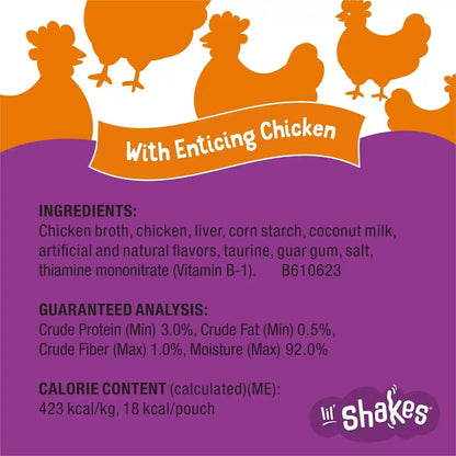 Purina Friskies Pureed Cat Food Topper, Lil’ Shakes with Enticing Chicken Lickable Cat Treats - (Pack of 16) 1.55 Oz. Pouches6