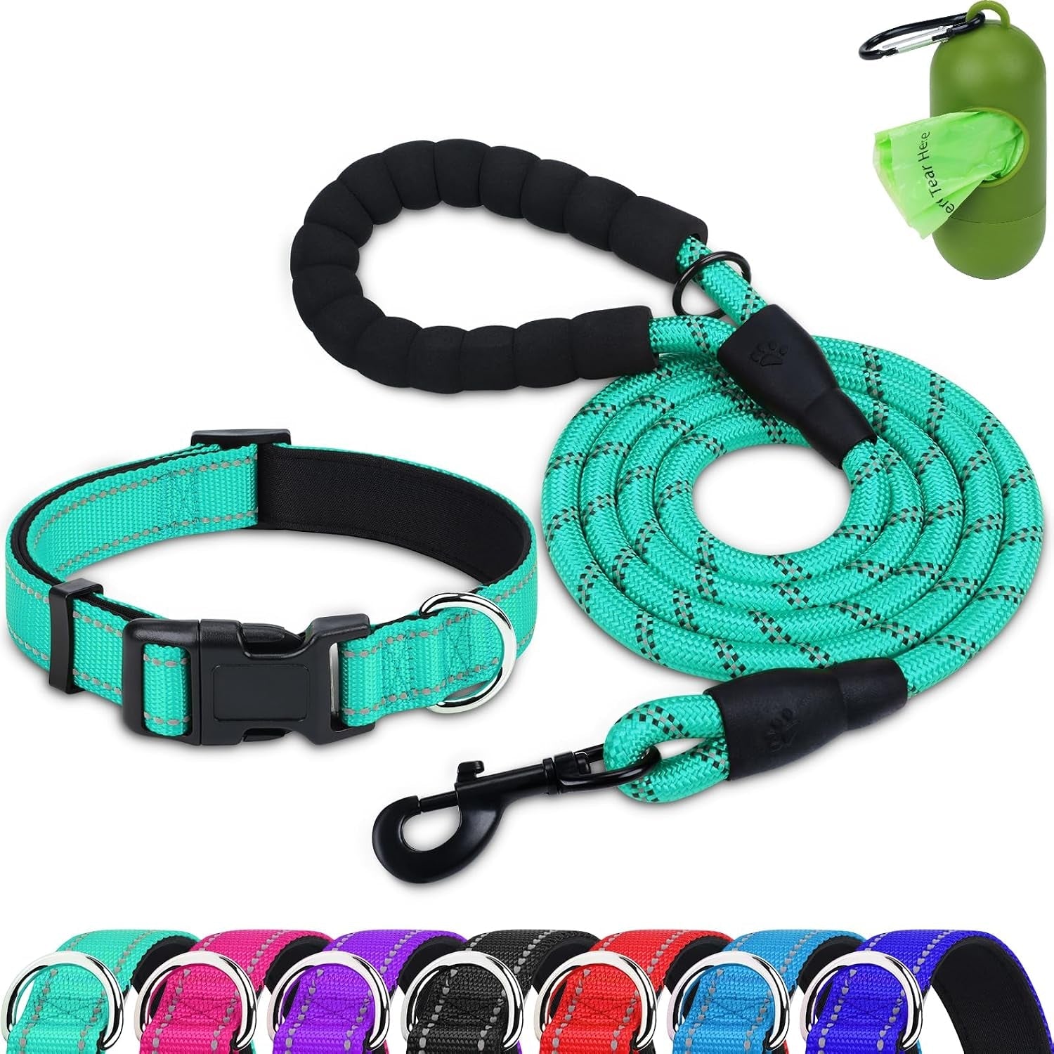 dynmeow-reflective-dog-collar-and-leash-set-for-large-dogs-teal-soft-neoprene-padded-6ft-climbing-rope-ideal-for-daily-outdoor-walking-or-indoor-wearing-night-visible-for-safety