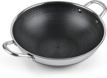 12.5” Wok Pan with Dual Honeycomb Wok Stainless Steel Wok Pan with Nonstick Coating, Frying Pans Cookware, Two Handles,Works with Induction ,Gas, Electric, Ceramic Furnace Stove, without Lid1