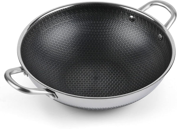 12.5” Wok Pan with Dual Honeycomb Wok Stainless Steel Wok Pan with Nonstick Coating, Frying Pans Cookware, Two Handles,Works with Induction ,Gas, Electric, Ceramic Furnace Stove, without Lid1