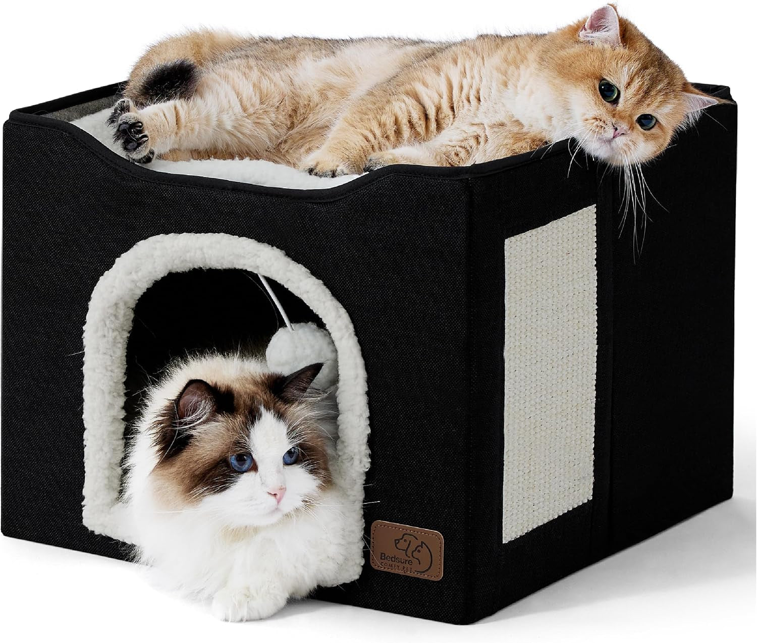 bedsure-cat-house-bed-for-indoor-cats-with-fluffy-ball-and-scratch-pad-grey-16-5x16-5x13-in-large-cat-cave-for-multiple-pets-foldable-cat-hideway-cube-for-sleeping-kitten