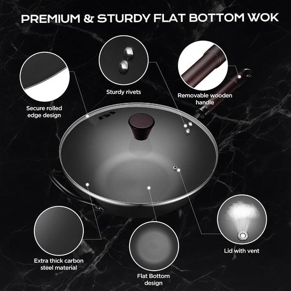 Wok, 13.5 Inch Carbon Steel Wok Pan with Steamer & Stir-Fry Pans Nonstick, 5QT Flat Bottom Chinese Woks6