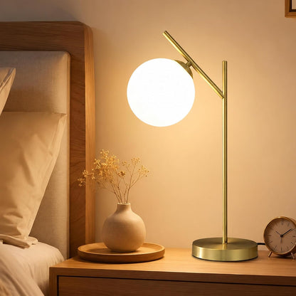 Mid Century Modern Table Lamp, 1 Light Brass Glass Globe Bedside Lamp, Contemporary Metal Table Lamp with Milky White Glass Shadefor Bedroom Living Room Study Room1