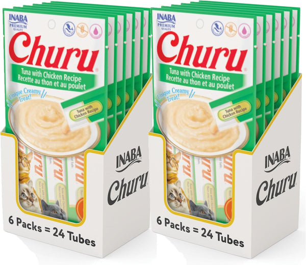 INABA Churu Cat Treats, Grain-Free, Lickable, Squeezable Creamy Purée Cat Treat/Topper with Vitamin E & Taurine, 0.5 Ounces Each Tube, 4 Tubes, Tuna with Salmon Recipe21
