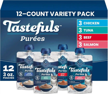 Blue Buffalo Tastefuls Purées Variety Pack Wet Cat Food Complement (Salmon, Chicken, Tuna, Beef) Made with Natural Ingredients, for All Life Stages, 3-Oz. Resealable Pouches (12 Count)1