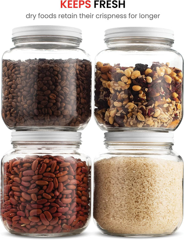 64 Oz Mason Jar, Half Gallon Jar, Wide Mouth, Clear, 4 Pack | Half Gallon Mason Jar, Airtight Metal Lid, 4 in Wide Mouth, Usa-Made Soda-Lime Glass, Canning, Fermenting, Dry Food Storage4