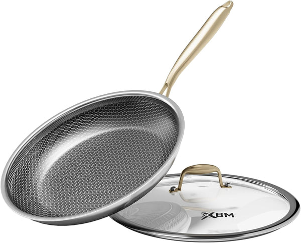 Nonstick Frying Pan with Lid 12-Inch, Durable Stainless Steel Skillet, Induction Cooktop Compatible, Pfoa-Free Scratch-Proof, Dishwasher & Oven Safe, Stay-Cool Handle, Silver Kitchen Cookware1