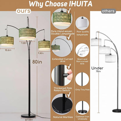 3-Light Arc Rattan Floor Lamp for Living Room,80'' Boho Tree Lamp | Heavy Natural Marble Base, 1/2/3-Light Rotary Switch,Double-Layer Green Wicker/Fabric Shades for Coastal Style,8 Ft+ Ceilings3