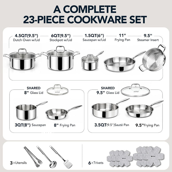 5-Ply Stainless Steel Cookware Set, 23-Piece Pots and Pans Set | Fully Clad Construction, Premium Heavy-Duty Build, Better Browning, No Coating, Oven Safe, Induction Ready9