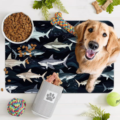 Cute Shark Dog Cat Food Mat,Absorbent Pet Feeding Mat with Rubber Backing,Non-Slip Water Bowl Placemat,Indoor Pet Accessories Supplies 12"X20"7