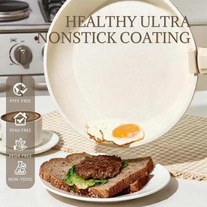 Ceramic Cookware Set Non Stick 8Pcs Pots and Pans Set Detachable Handle Induction Kitchen Cooking Set with Frying Pans Oven Dishwasher Safe, PFAS/PFOA Free, Cream White3