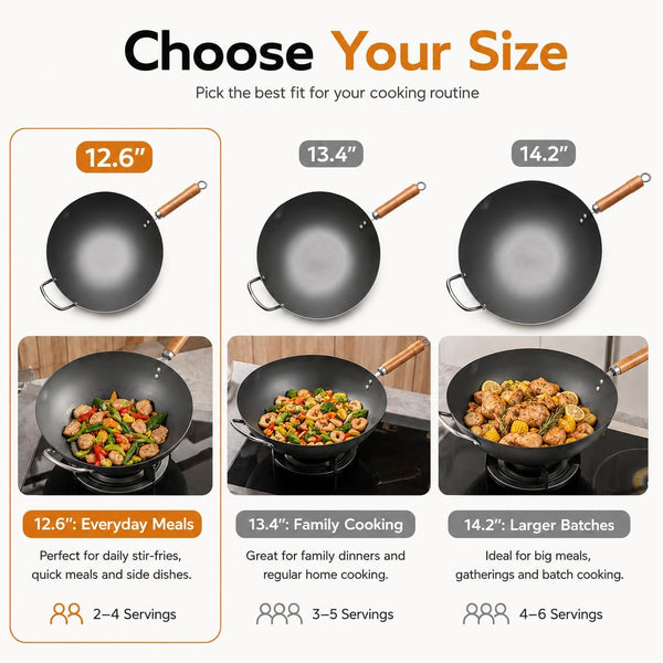 12.6 Inch Carbon Steel Wok with Lid, Flat Bottom Wok Pan for Induction, Electric and Gas Stoves, Uncoated Chinese Stir Fry Pan with Wooden Handle4