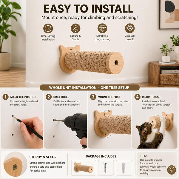 Sisal Rope Wall Mounted Cat Scratching Post - 11 In, for Indoor Cats Climbing & Scratching, 2-Post Integrated Set7