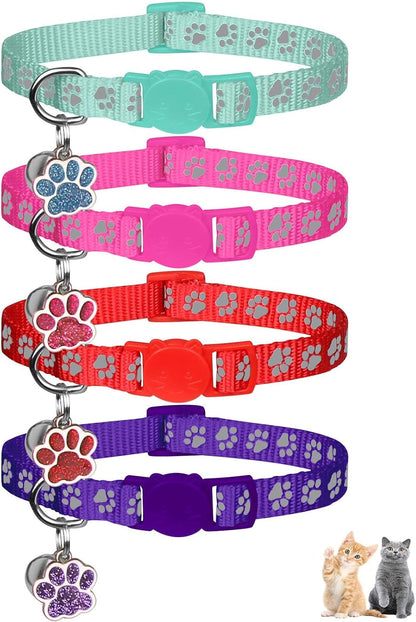 4PCS Breakaway Cat Collars,Reflective Cat Collar with Bells,Kitten Collars for Boy&Girl Cats Breakaway Collar for Cats with Paw Pendant 6-9 Inch(Purple+Hotpink+Red+Teal)1