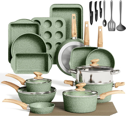 Pots and Pans Set, 30 Piece Kitchen Cookware & Bakeware Set | Green Granite Non Stick Pans Set for Cooking, 100% PFOA & PFAS Free Non-Toxic, Easy to Clean1
