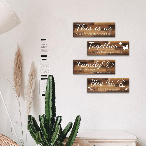 4 Pieces Home Wall Signs, THIS IS US/TOGETHER/BLESS THIS HOME/FAMILY Wall Decor for Living Room Bedroom, Rustic Wooden Farmhouse Wall Art , 4.7 X 13.8 Inch(Brown)8