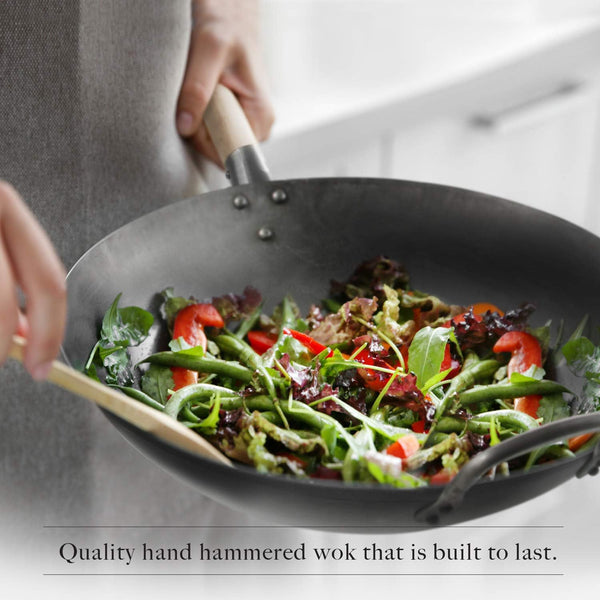 Flat Bottom Carbon Steel Wok Pan - Authentic Hand Hammered Woks and Stir Fry Pans - 14" Pow Wok5