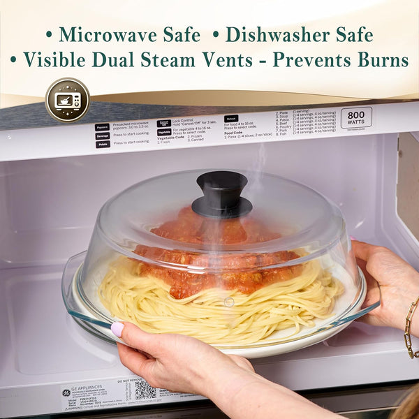 Tall Glass Microwave Splatter Cover - Cool Touch Easy Grip Handle | Durable Borosilicate Glass, Plastic Free, Lead & BPA Free, Dishwasher Safe, Dual Steam Vents, Clear Food Plate Guard Lid3
