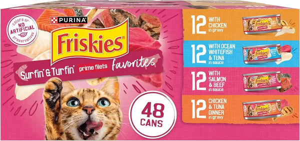 Purina Friskies Gravy Wet Cat Food Variety Pack, Surfin’ and Turfin’ Prime Filets Favorites - (Pack of 40) 5.5 Oz. Cans12