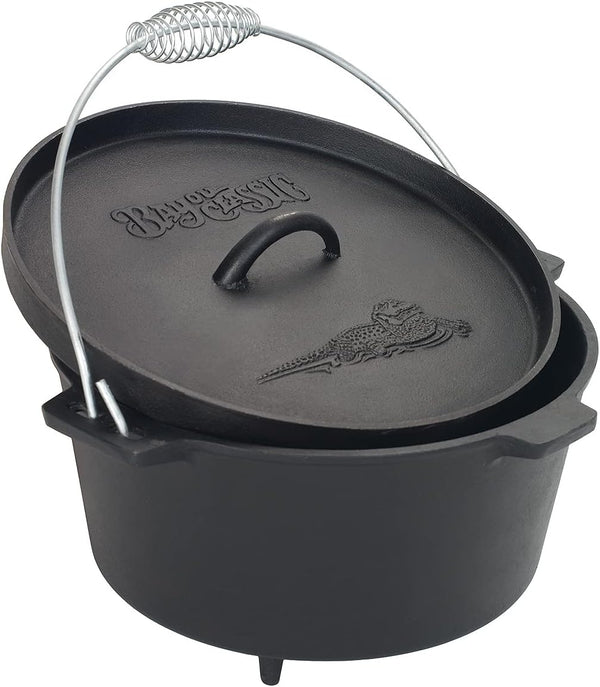 Pre-Seasoned Cast Iron Dutch Oven W/ Feet Features Flanged Camp Lid Stainless Coil Wire Handle Grip, 8-Qt Perfect for Baking Frying One-Pot Meals Stews and Chili1