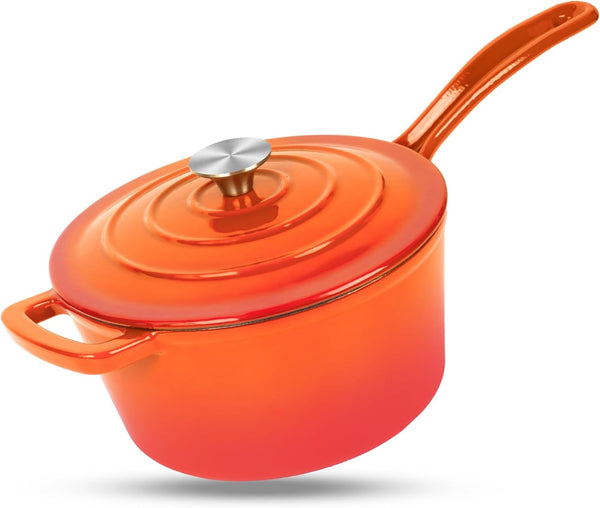 Enameled Cast Iron Sauce Pan, 2 Quarts round Sauce Pot with Lid, Mini Dutch Oven Enamel Saucepan for Cooking Pasta Sauce, Marinate, Cook, Refrigerate and Serve, Flame Orange1