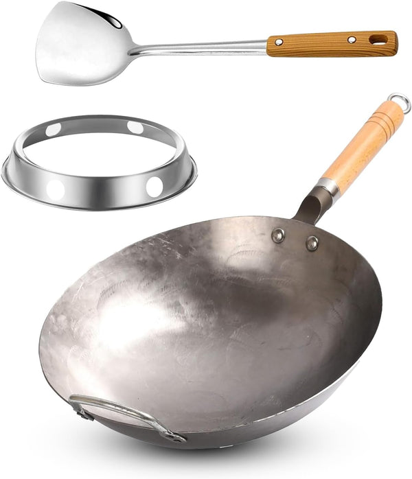 Carbon Steel Wok Pan, Stir Fry Pans, 13 Inch Wok Pan with Support Ring and Spatula, Nonstick Woks and Stir-Fry Pans, No Chemical Coated round Bottom Chinese Wok for Electric, Gas, All Stoves1