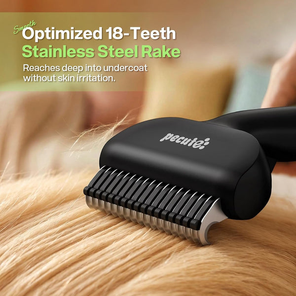 Pecute Self-Cleaning Undercoat Rake for Dogs Cats with Thick Double Coats | 1-Click Clean, 304SS, 18 Rounded Teeth, for Seasonal Heavy Shedding & Matting, Gentle on Pets, Ideal for Long/Dense Coats4