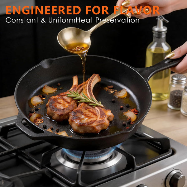 6 Piece Pre-Seasoned Cast Iron Cookware Set – Incl. 5QT Dutch Oven with Lid, 8'' and 10.25'' Cast Iron Skillets, 10.5'' round Griddle, and a Square Grill Pan for Kitchen, Stovetop, & Camping7