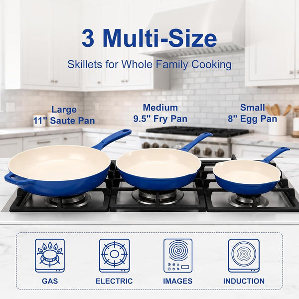 Nonstick Enameled Cast Iron Cookware | 3-Piece Skillet Set (8", 9.5" & 11"), Healthy Non-Toxic, PFOA PFAS PTFE Free, All Stovetops Compatible, Blue2