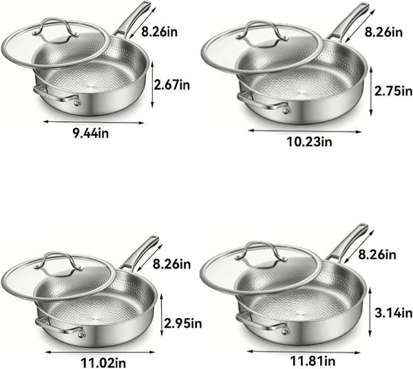 Titanium Frying Pan Pure with Lid, Uncoated Hammered Deep Skillet for Cooking, PFAS/PFOA/PTFE Free Nonstick Cookware, Scratch Resistant, for Induction & Gas, Oven, Dishwasher Safe,9.44In7