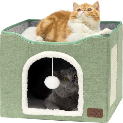 Bedsure Cat House Bed for Indoor Cats with Fluffy Ball and Scratch Pad,Grey | 16.5X16.5X13 In,Large Cat Cave for Multiple Pets,Foldable Cat Hideway Cube for Sleeping Kitten17