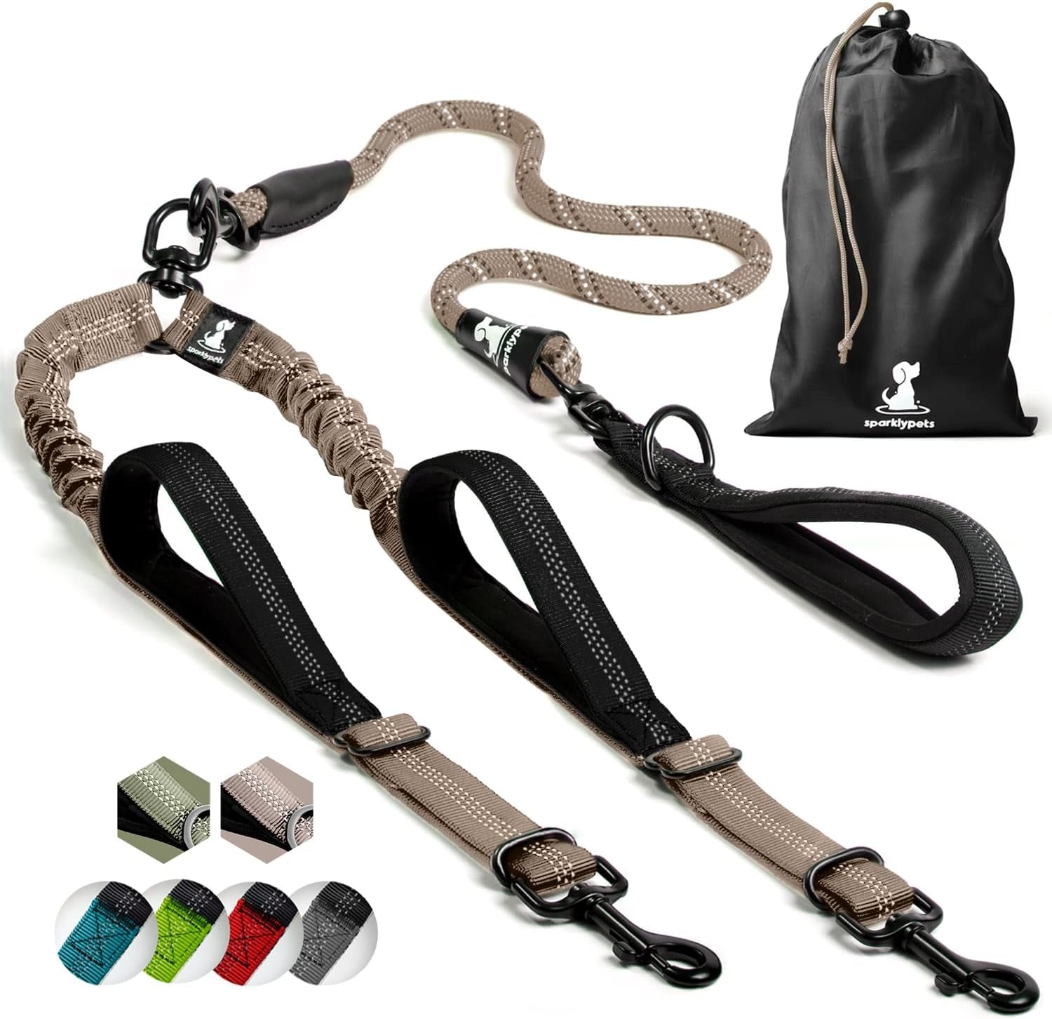 sparklypets-double-dog-leash-for-2-dogs-rope-bungee-dual-leash-for-medium-and-large-breeds-with-padded-handles-tangle-free-teal-medium-large