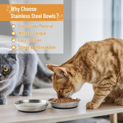 Cat Bowls, 2 Pcs Stainless Steel Cat Bowls for Food and Water, Whisker Fatigue Shallow Non-Slip Dishes Plates for Small Dog Puppies Cats2